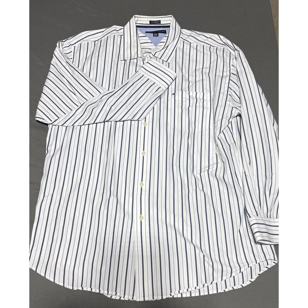 Tommy Hilfiger Men's Button-Down Dress Shirt, Blue White Stripe Extra Large